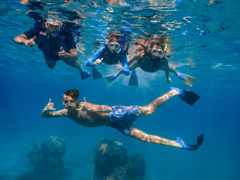 Four snorkellers underwater over the reef, giving the shaka to the camera